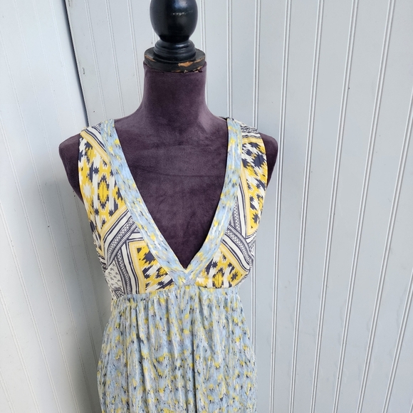 Zara Basic Blue Yellow Cut Out Maxi Dress Outdoors Beach Sleveless Print Sz M - Picture 2 of 13